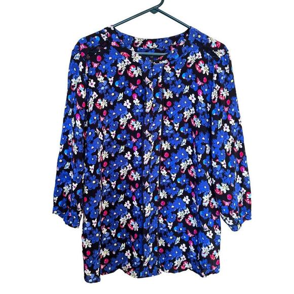 Talbots Womens Tunic Top Plus Size 2X Shirt Blue Red Floral Crochet Work Career - Picture 1 of 11